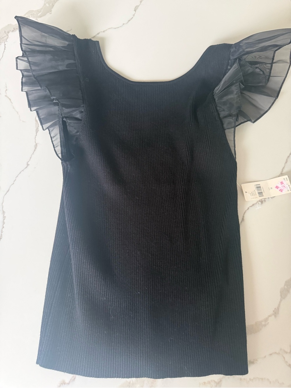 Anthropologie Black Ribbed Mini Dress with Ruffled Organza Sleeves